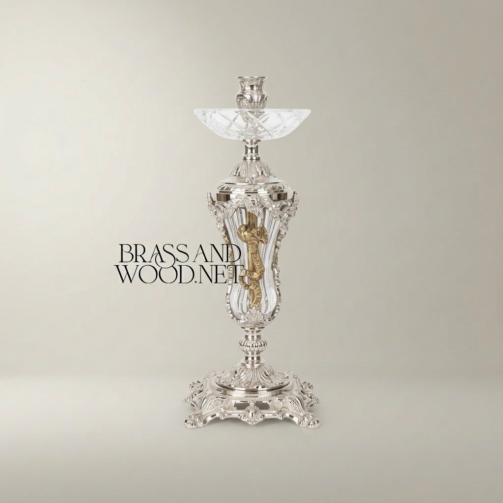 Rococo Crystal & Brass Single-Arm Candlestick with Acanthus Scrollwork Base — Silver