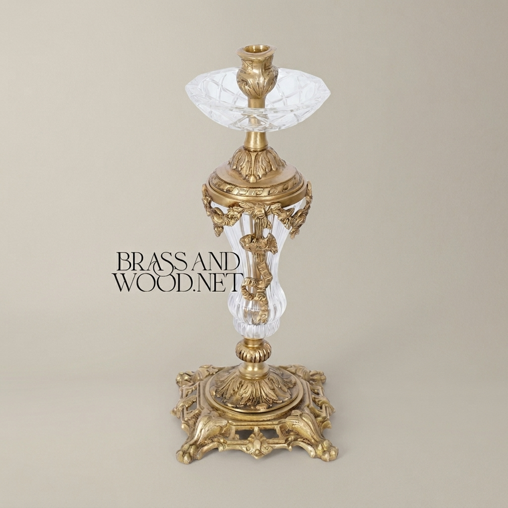 Rococo Crystal & Brass Single-Arm Candlestick with Acanthus Scrollwork Base — Antique Gold