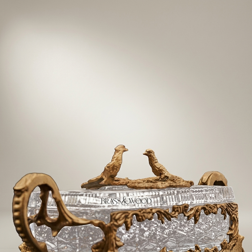 Rococo Crystal & Brass Tissue Box - Bird & Branch Finial with Scroll Handles — Antique Gold