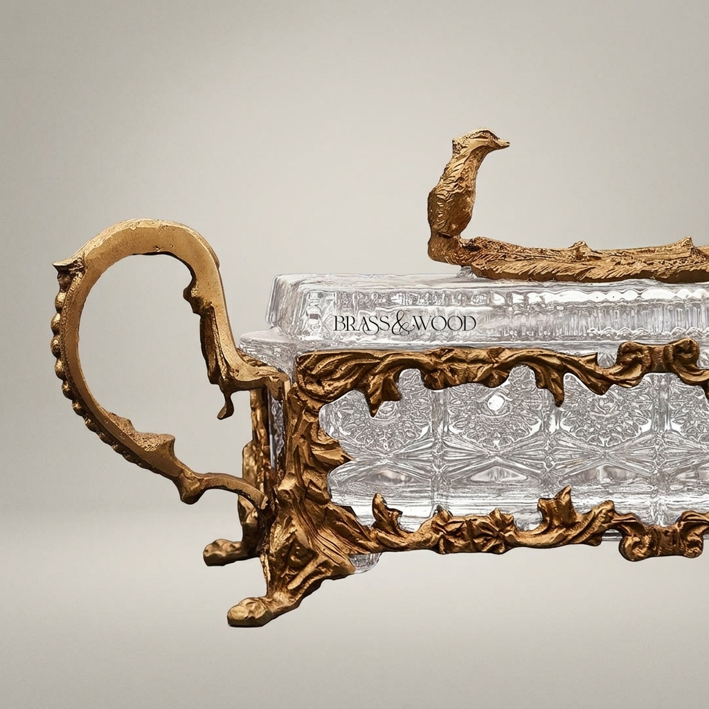 Rococo Crystal & Brass Tissue Box - Bird & Branch Finial with Scroll Handles — Antique Gold