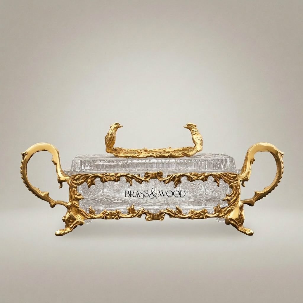 Rococo Crystal & Brass Tissue Box - Bird & Branch Finial with Scroll Handles — Gold