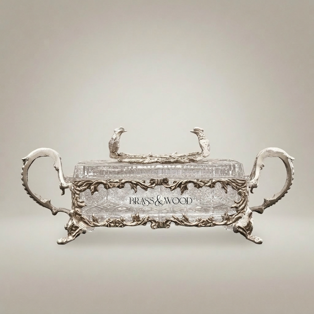 Rococo Crystal & Brass Tissue Box - Bird & Branch Finial with Scroll Handles — Silver