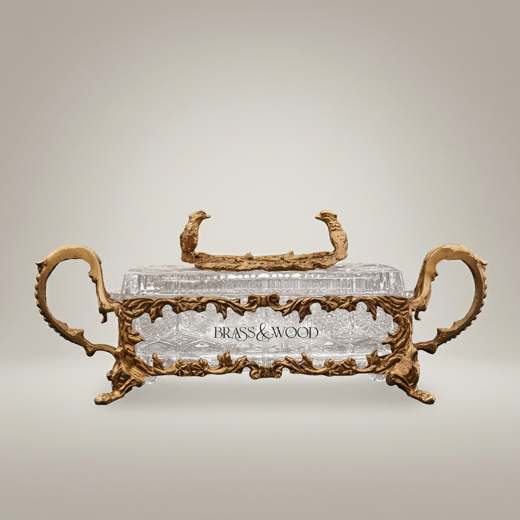 Rococo Crystal & Brass Tissue Box - Bird & Branch Finial with Scroll Handles — Antique Gold