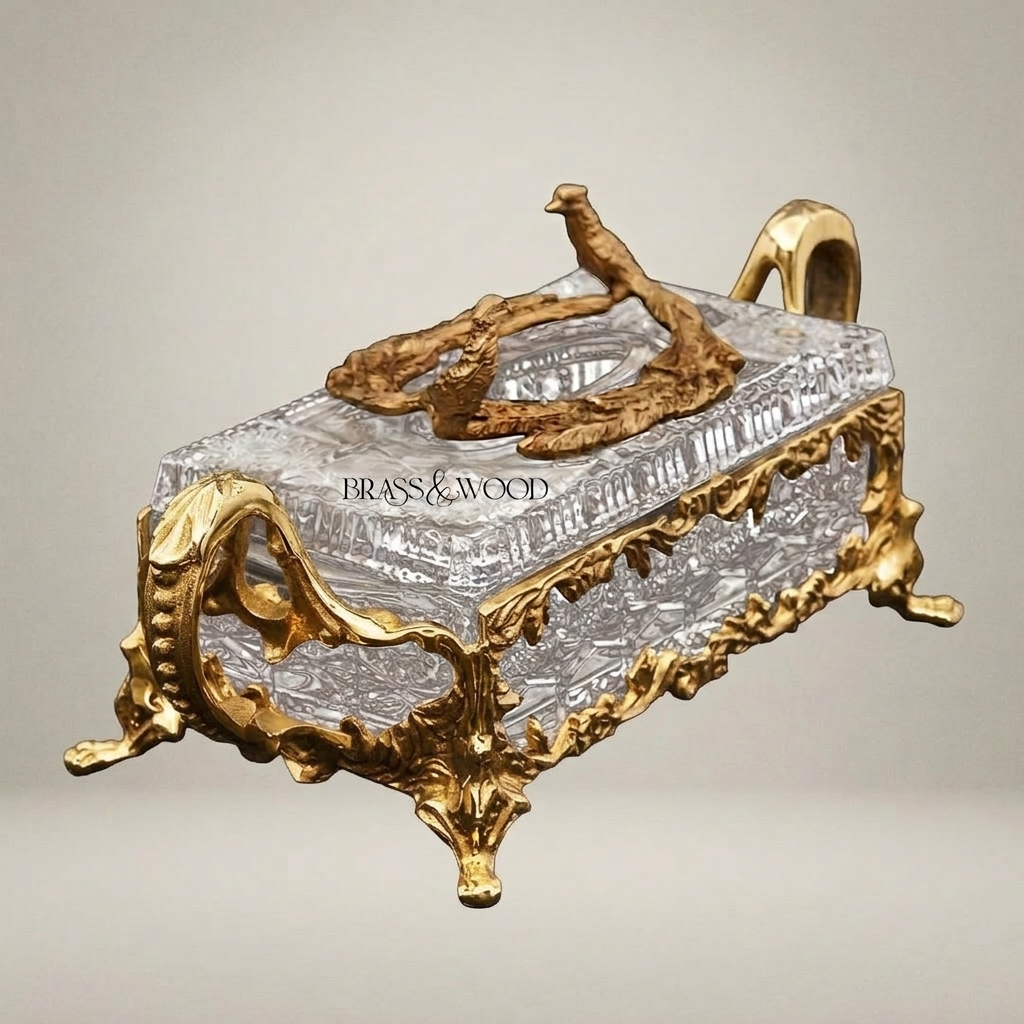 Rococo Crystal & Brass Tissue Box - Bird & Branch Finial with Scroll Handles — Gold