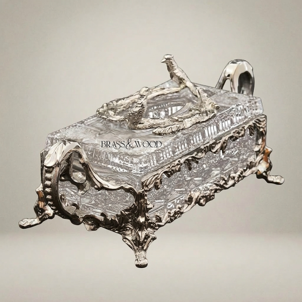 Rococo Crystal & Brass Tissue Box - Bird & Branch Finial with Scroll Handles — Silver