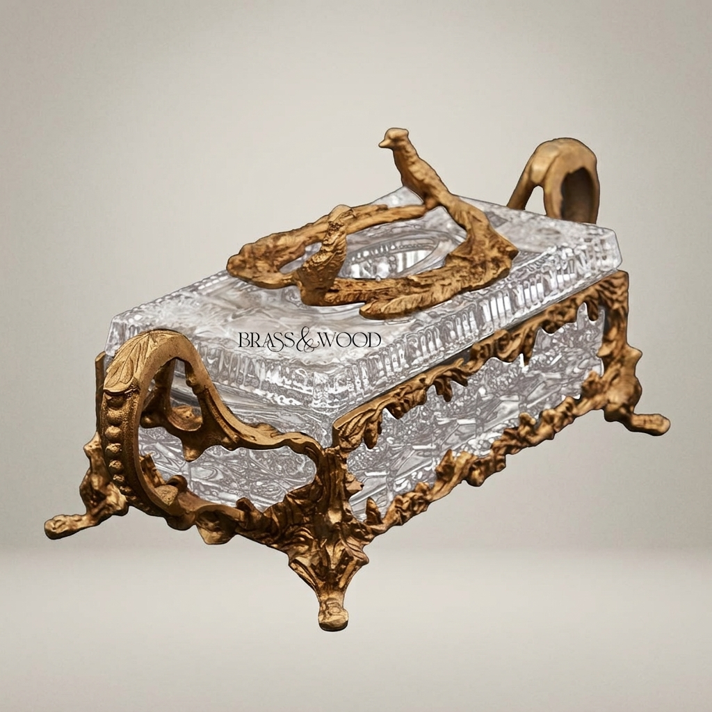Rococo Crystal & Brass Tissue Box - Bird & Branch Finial with Scroll Handles — Antique Gold
