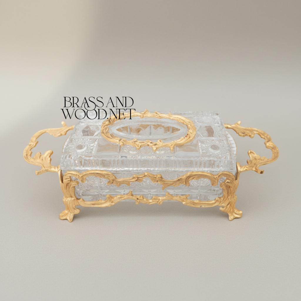 Rococo Crystal & Brass Tissue Box Holder with Scrolled Acanthus Frame — Gold