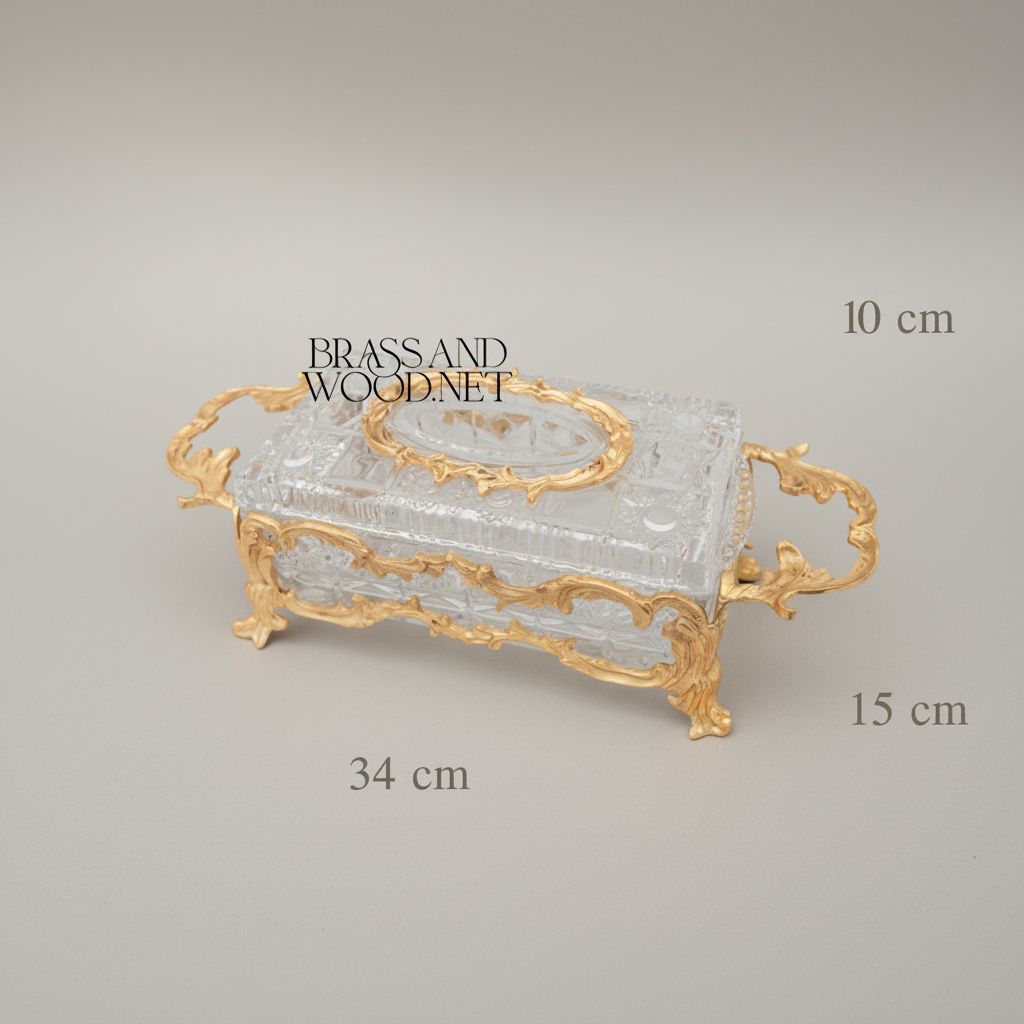 Rococo Crystal & Brass Tissue Box Holder with Scrolled Acanthus Frame — Gold