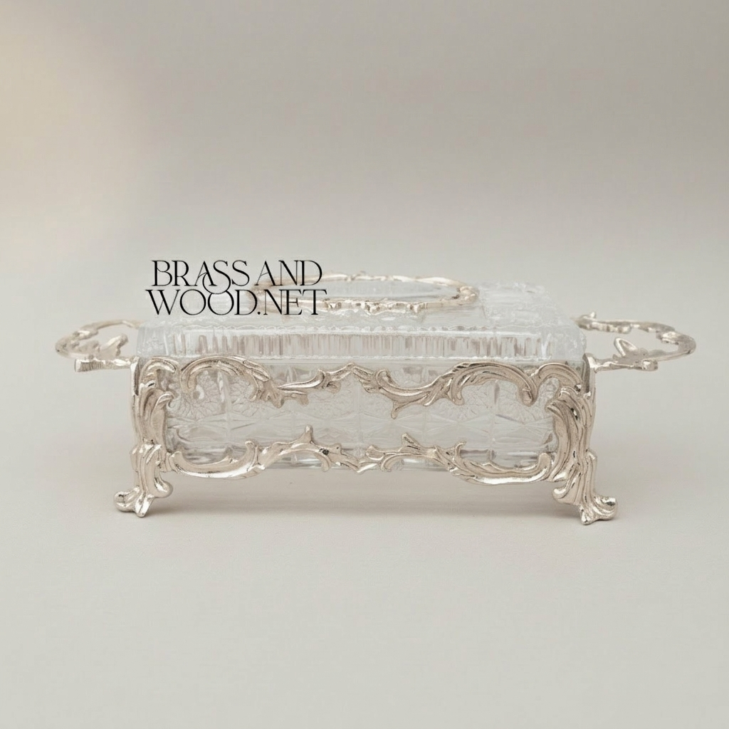 Rococo Crystal & Brass Tissue Box Holder with Scrolled Acanthus Frame