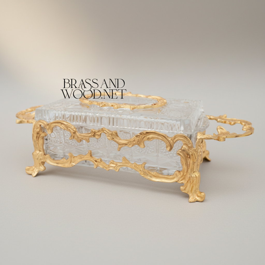Rococo Crystal & Brass Tissue Box Holder with Scrolled Acanthus Frame — Gold