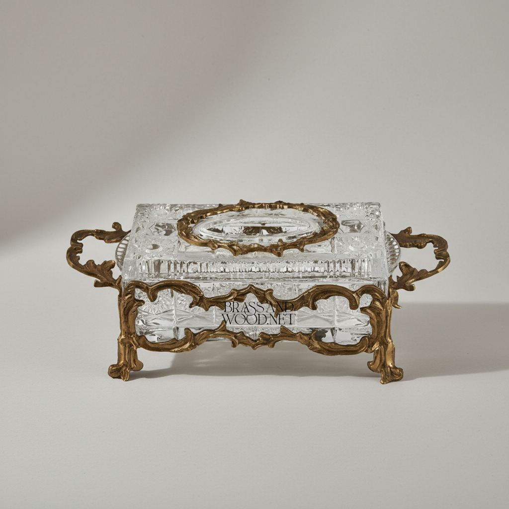 Rococo Crystal & Brass Tissue Box Holder with Scrolled Acanthus Frame — Antique Gold