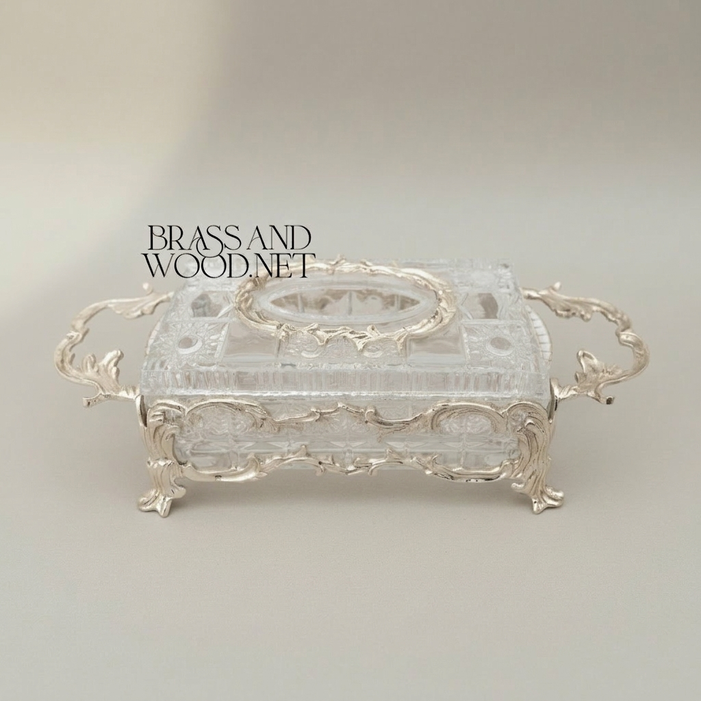 Rococo Crystal & Brass Tissue Box Holder with Scrolled Acanthus Frame — Silver