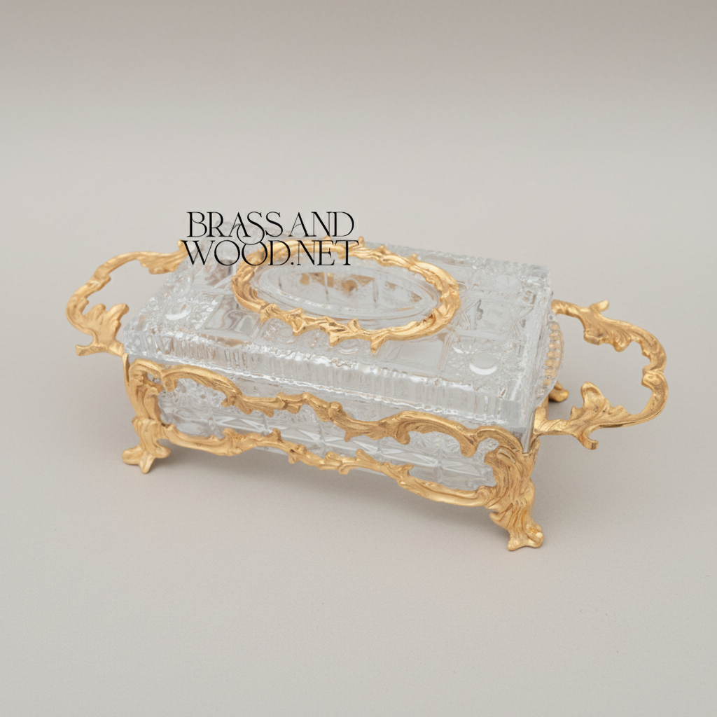 Rococo Crystal & Brass Tissue Box Holder with Scrolled Acanthus Frame — Gold