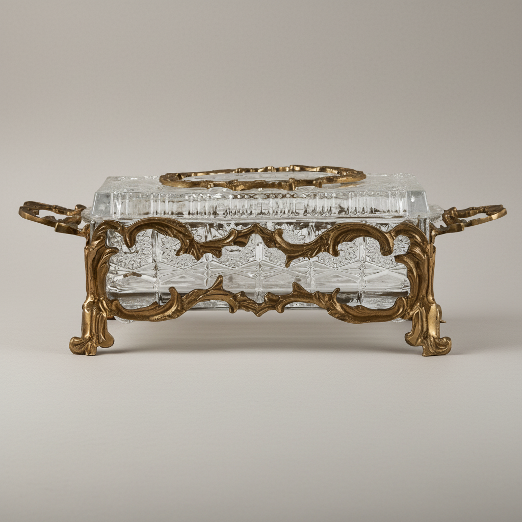 Rococo Crystal & Brass Tissue Box Holder with Scrolled Acanthus Frame — Antique Gold