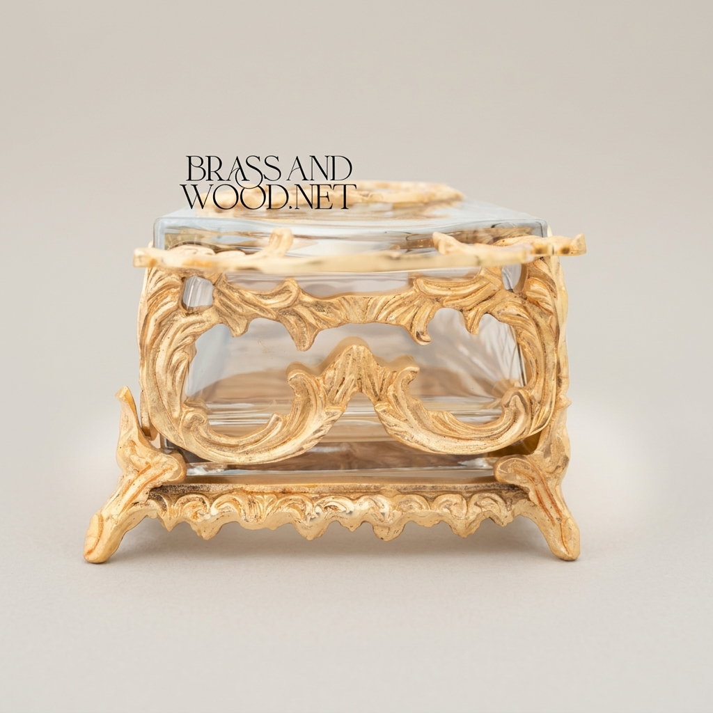 Rococo Crystal & Brass Tissue Box - Openwork Scrolled Frame with Cut-Glass Panels — Gold