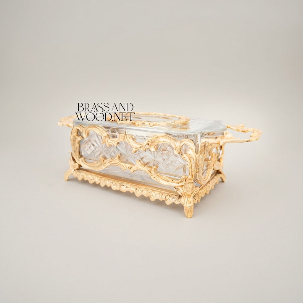 Rococo Crystal & Brass Tissue Box - Openwork Scrolled Frame with Cut-Glass Panels — Gold
