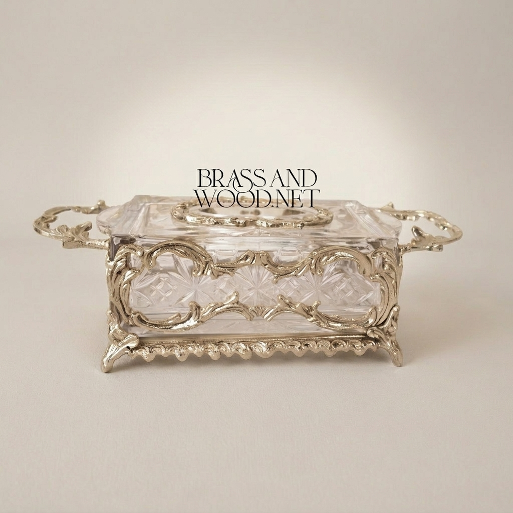 Rococo Crystal & Brass Tissue Box - Openwork Scrolled Frame with Cut-Glass Panels