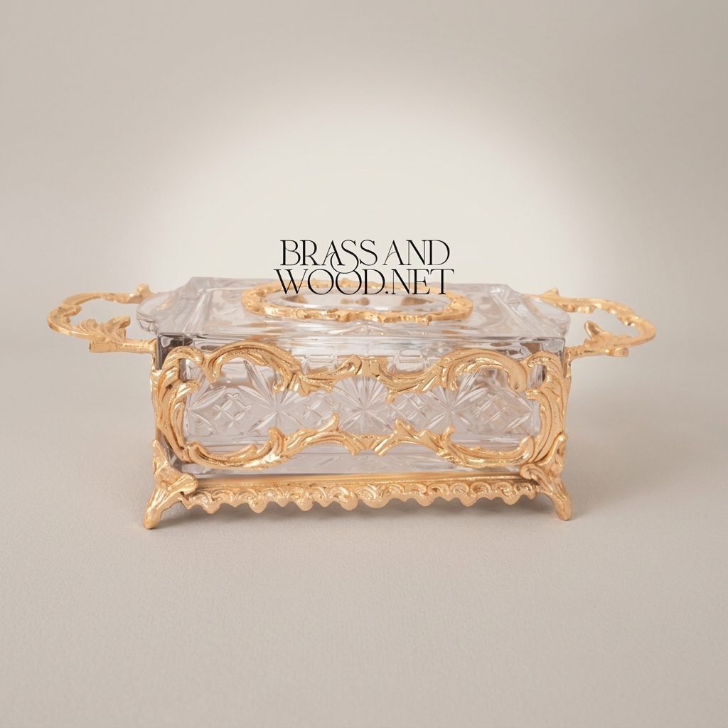 Rococo Crystal & Brass Tissue Box - Openwork Scrolled Frame with Cut-Glass Panels — Gold