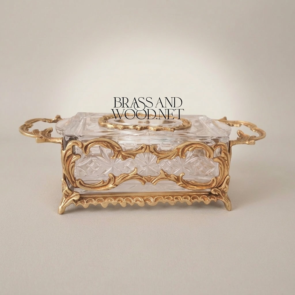 Rococo Crystal & Brass Tissue Box - Openwork Scrolled Frame with Cut-Glass Panels — Antique Gold