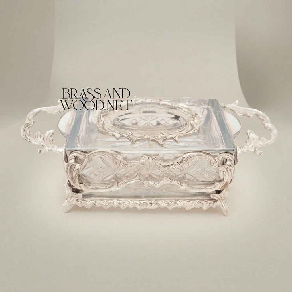 Rococo Crystal & Brass Tissue Box - Openwork Scrolled Frame with Cut-Glass Panels — Silver