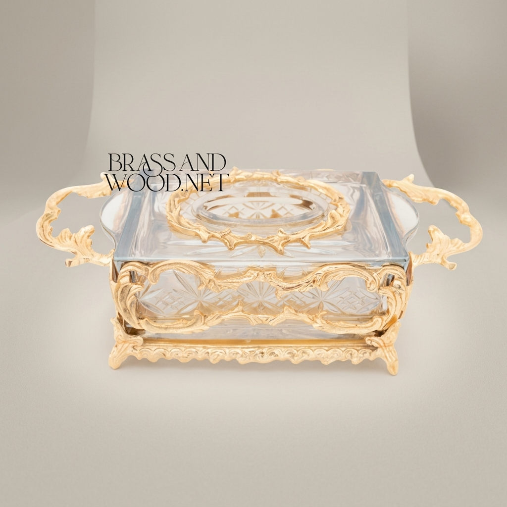 Rococo Crystal & Brass Tissue Box - Openwork Scrolled Frame with Cut-Glass Panels — Gold