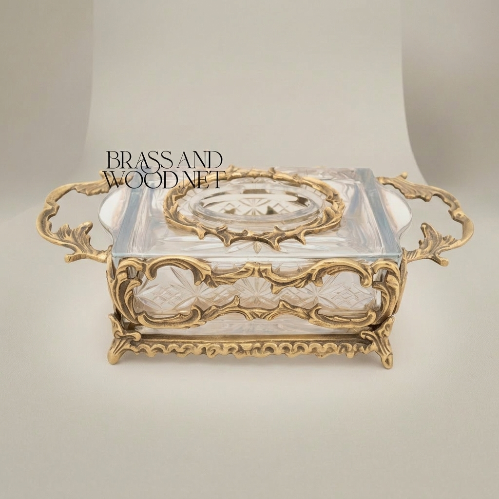 Rococo Crystal & Brass Tissue Box - Openwork Scrolled Frame with Cut-Glass Panels — Antique Gold