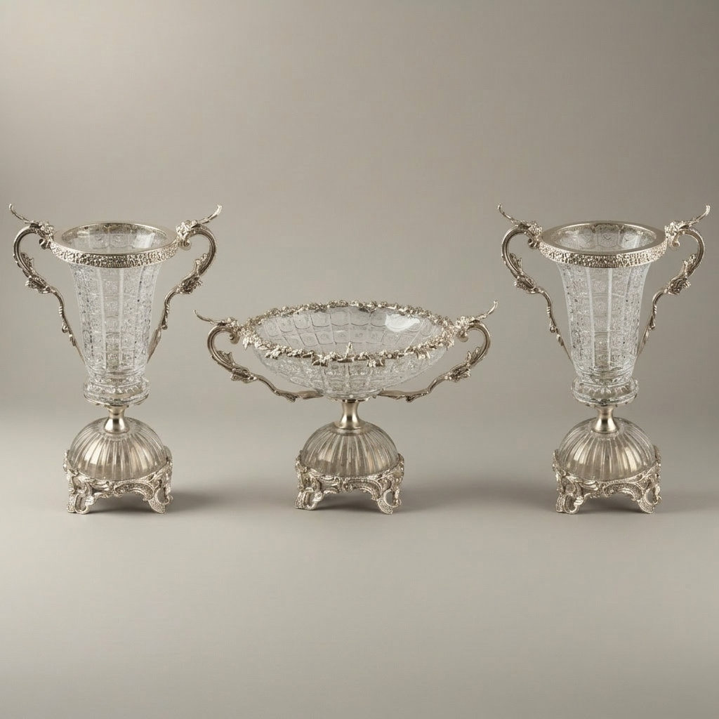 Rococo Crystal & Brass Vase and Centerpiece 3-Piece Garniture Set with Dragon Handles — Silver