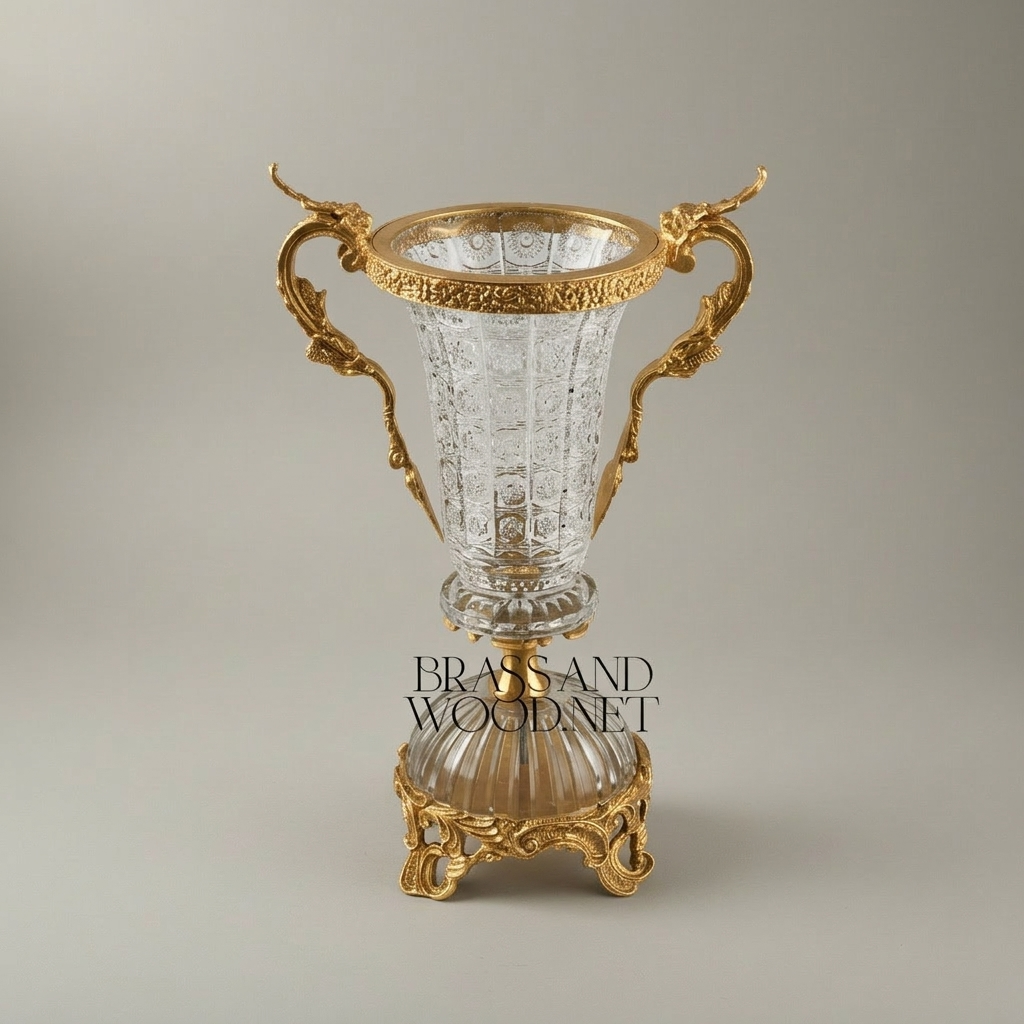 Rococo Crystal & Brass Vase and Centerpiece 3-Piece Garniture Set with Dragon Handles — Gold