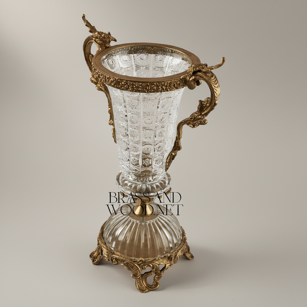 Rococo Crystal & Brass Vase and Centerpiece 3-Piece Garniture Set with Dragon Handles — Antique Gold