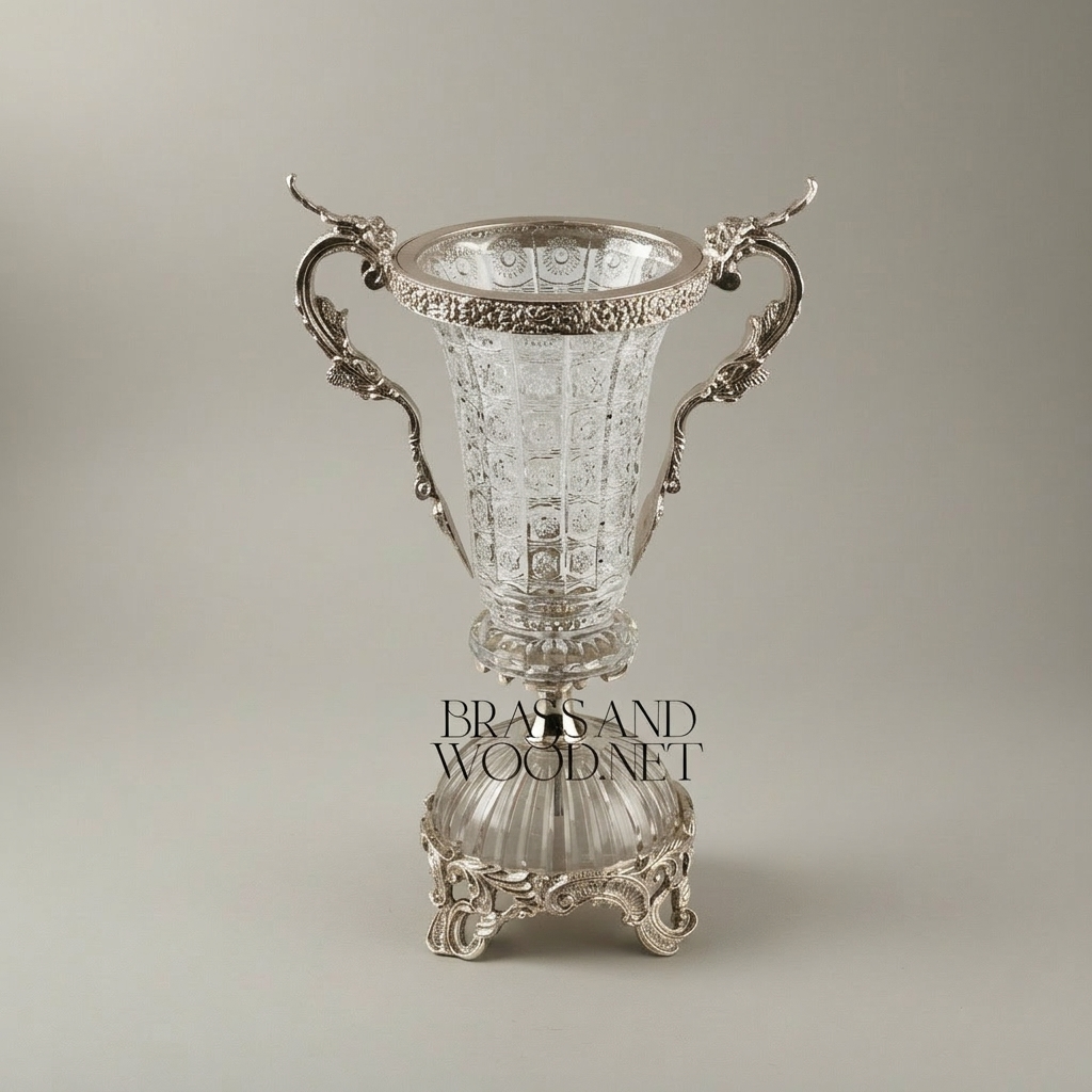 Rococo Crystal & Brass Vase and Centerpiece 3-Piece Garniture Set with Dragon Handles — Silver