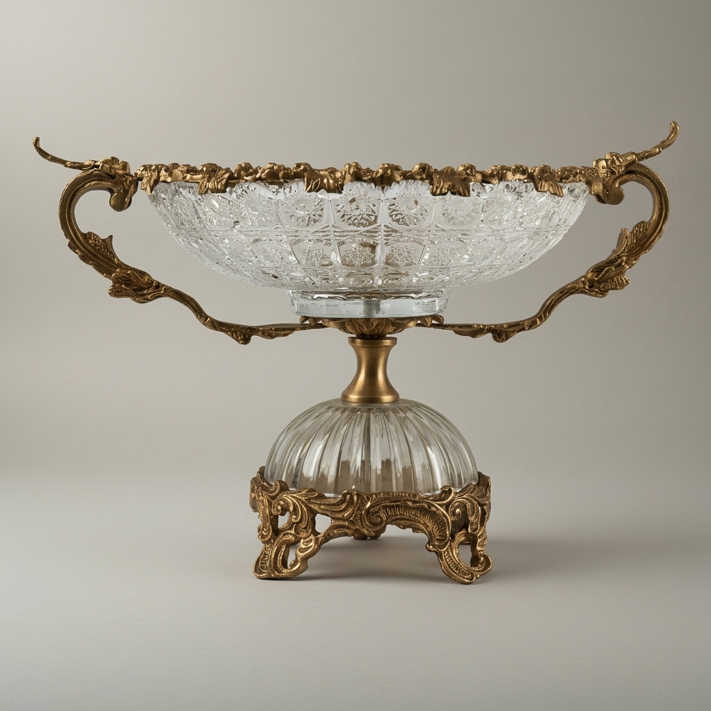 Rococo Crystal & Brass Vase and Centerpiece 3-Piece Garniture Set with Dragon Handles — Gold