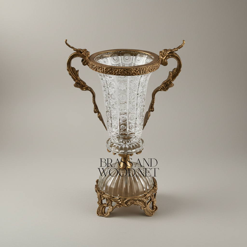 Rococo Crystal & Brass Vase and Centerpiece 3-Piece Garniture Set with Dragon Handles — Antique Gold