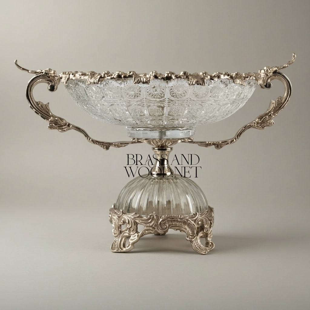 Rococo Crystal & Brass Vase and Centerpiece 3-Piece Garniture Set with Dragon Handles — Silver