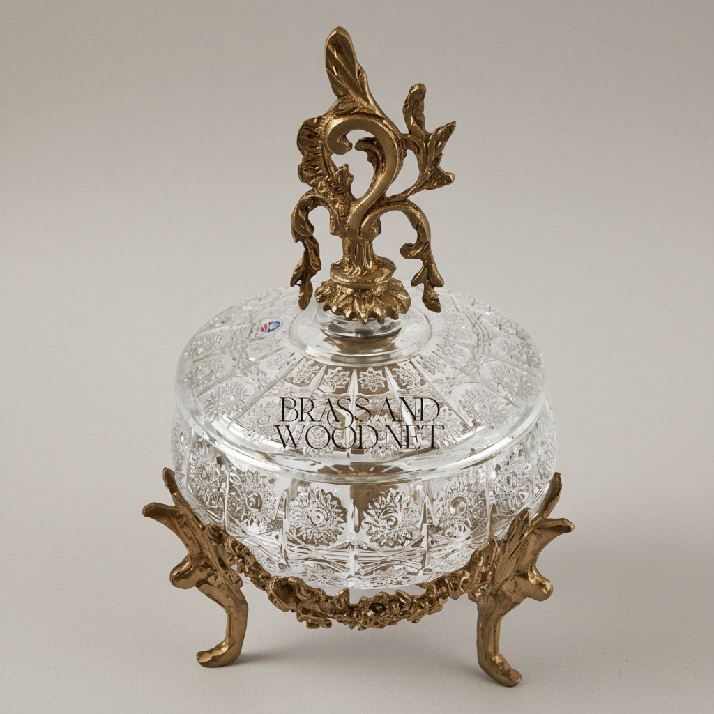 Rococo Crystal Candy Box with Acanthus Brass Lid Finial