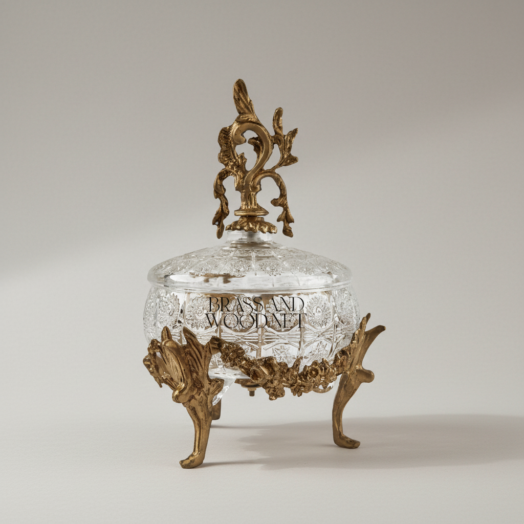 Rococo Crystal Candy Box with Acanthus Brass Lid Finial