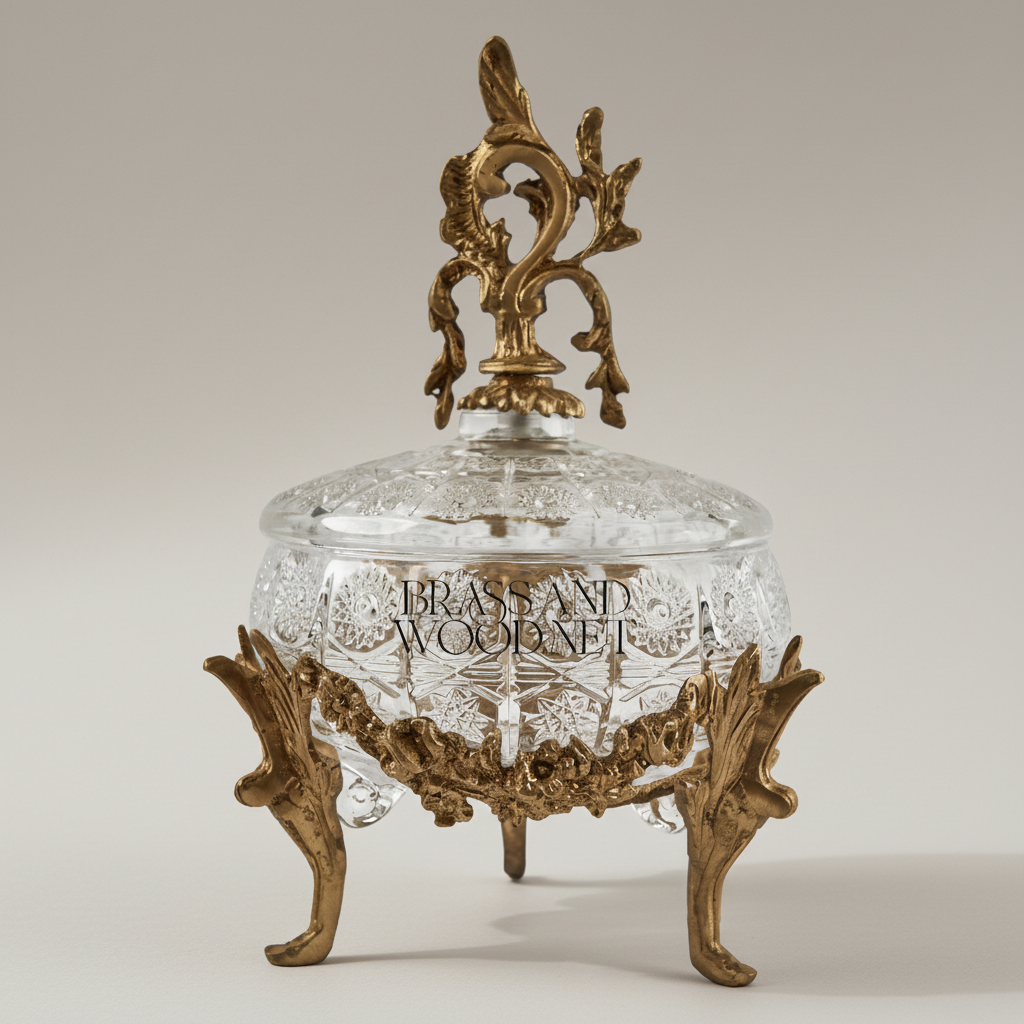Rococo Crystal Candy Box with Acanthus Brass Lid Finial — Antique Gold