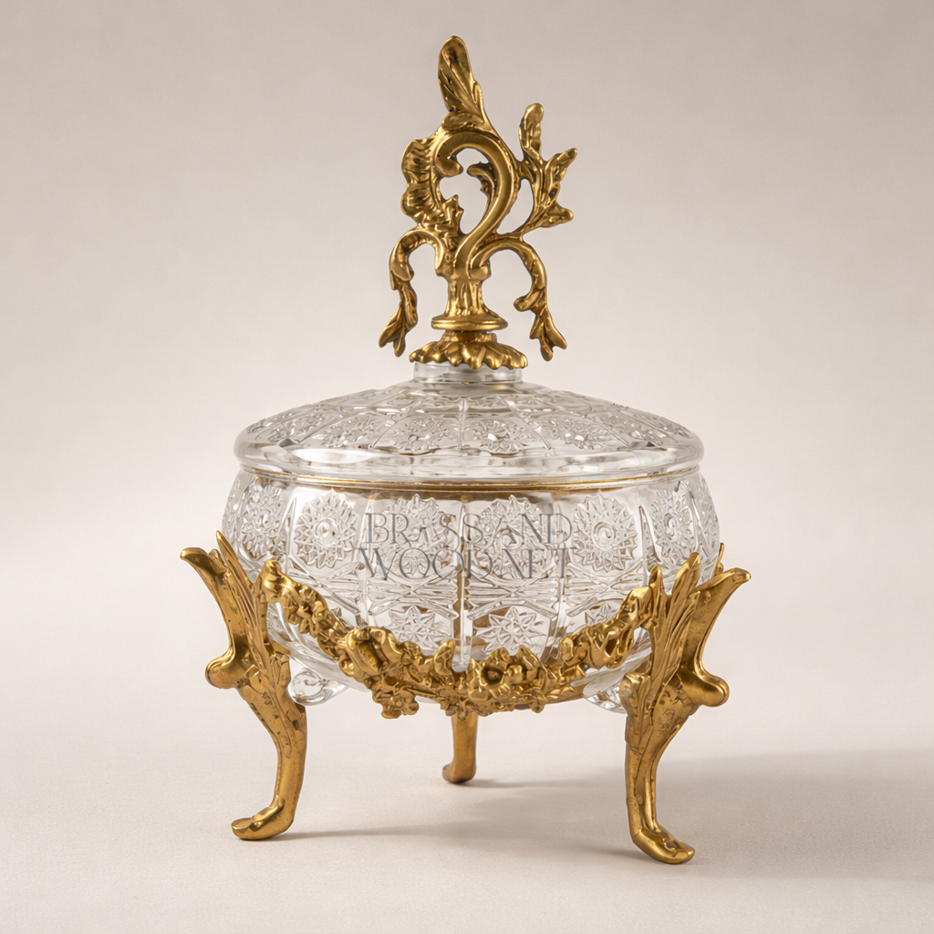 Rococo Crystal Candy Box with Acanthus Brass Lid Finial — Gold