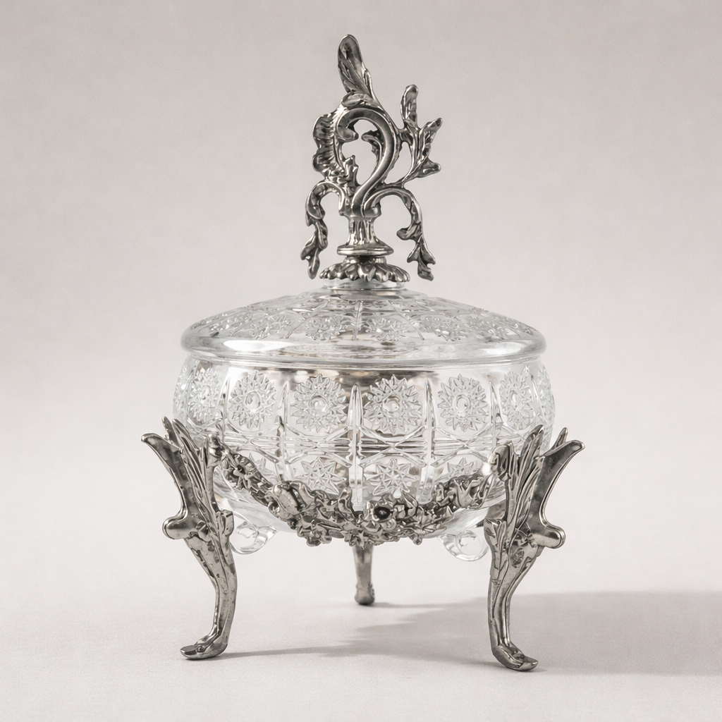 Rococo Crystal Candy Box with Acanthus Brass Lid Finial — Silver