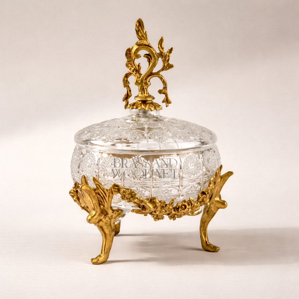 Rococo Crystal Candy Box with Acanthus Brass Lid Finial — Gold