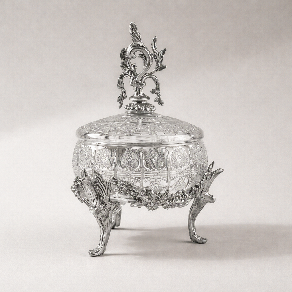 Rococo Crystal Candy Box with Acanthus Brass Lid Finial — Silver