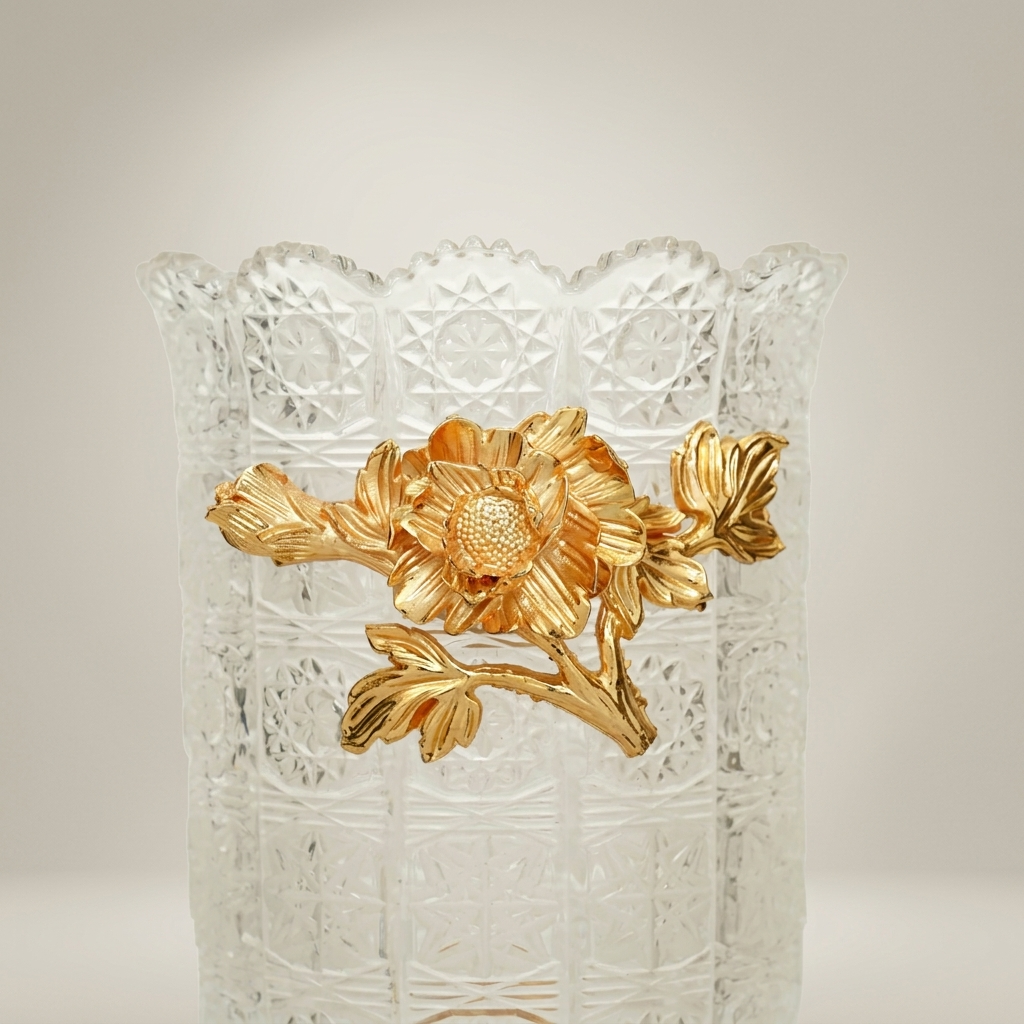 Rococo Crystal Chalice Vase with Brass Floral Appliqué on Ornate Pedestal Base — Gold