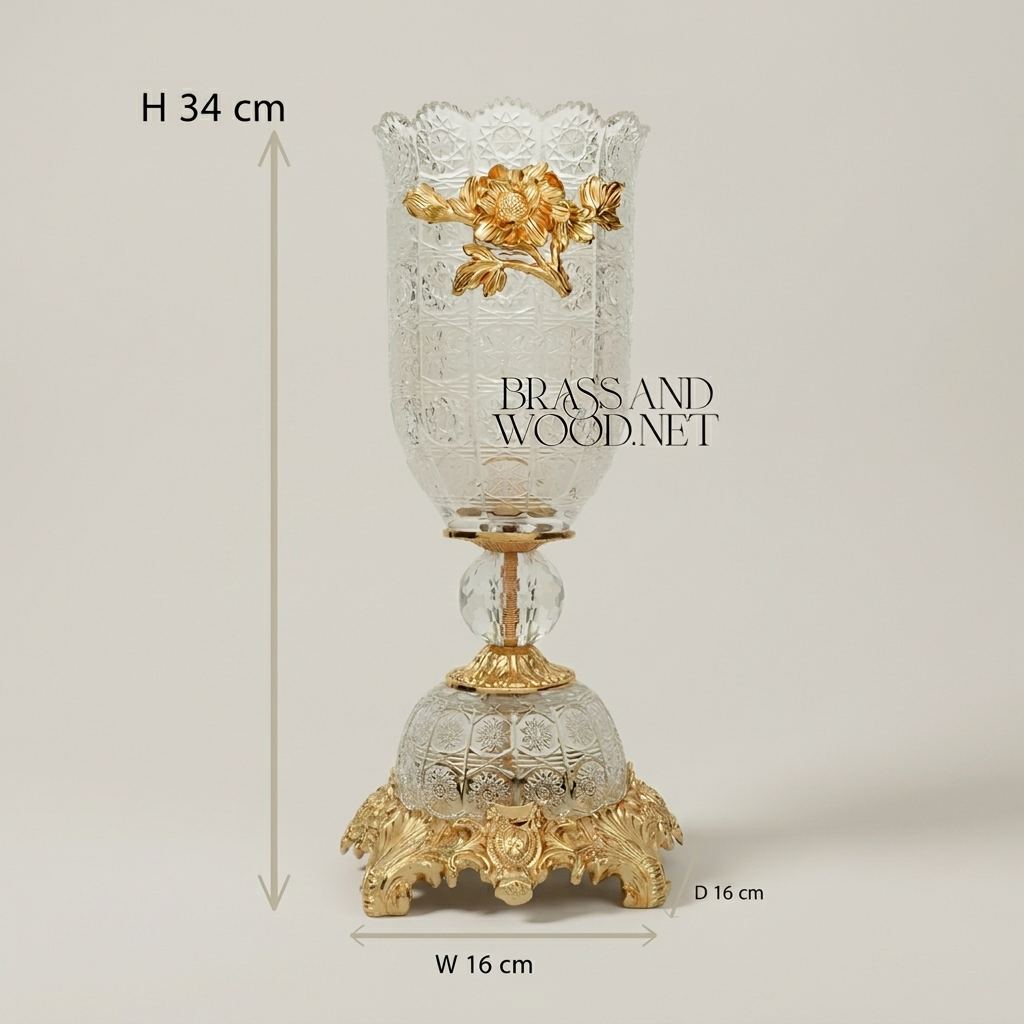 Rococo Crystal Chalice Vase with Brass Floral Appliqué on Ornate Pedestal Base — Gold