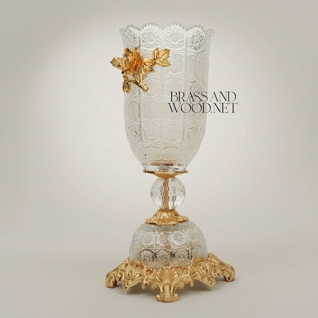 Rococo Crystal Chalice Vase with Brass Floral Appliqué on Ornate Pedestal Base