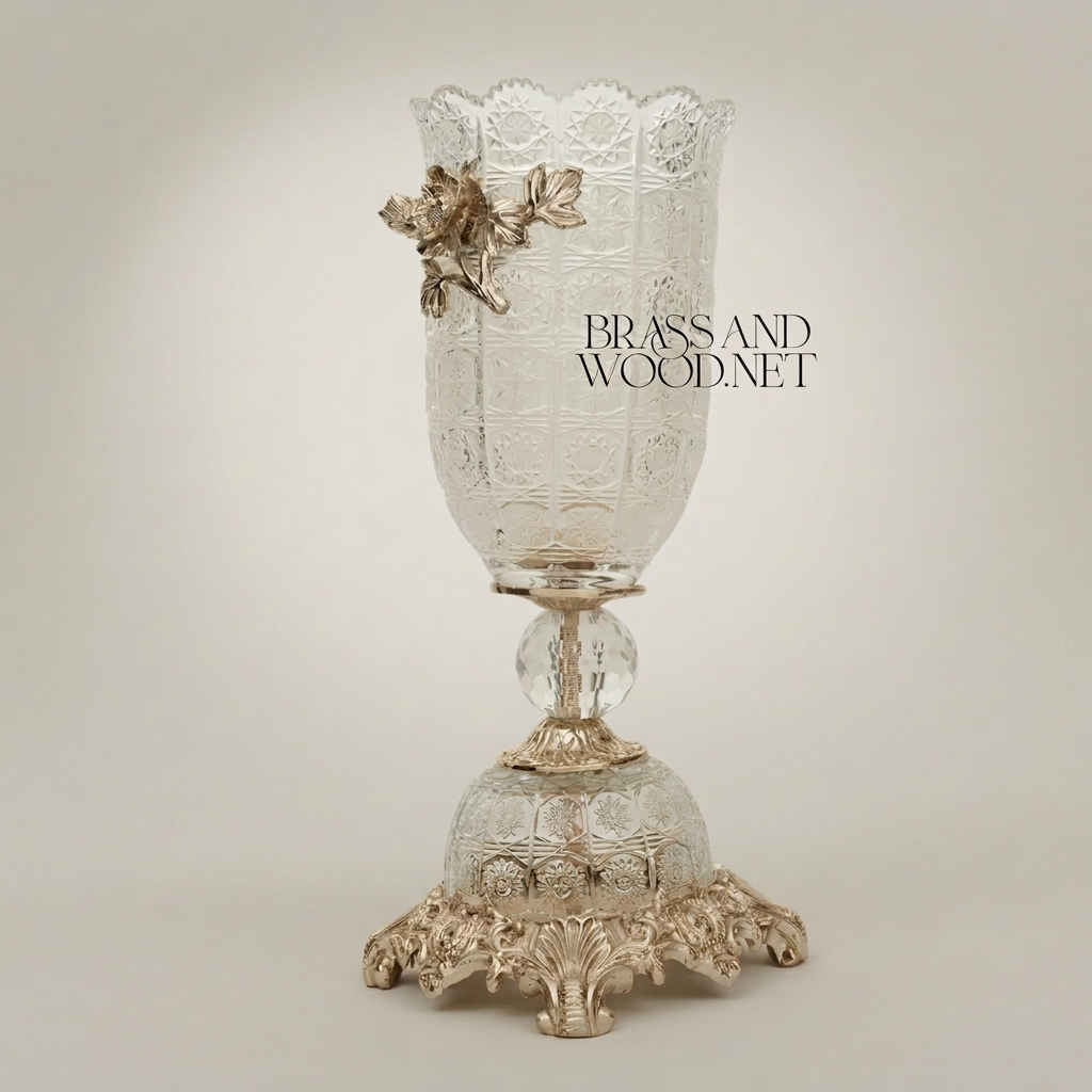 Rococo Crystal Chalice Vase with Brass Floral Appliqué on Ornate Pedestal Base — Silver