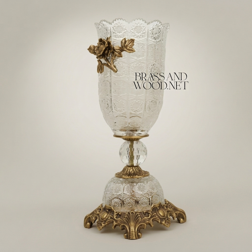 Rococo Crystal Chalice Vase with Brass Floral Appliqué on Ornate Pedestal Base — Antique Gold