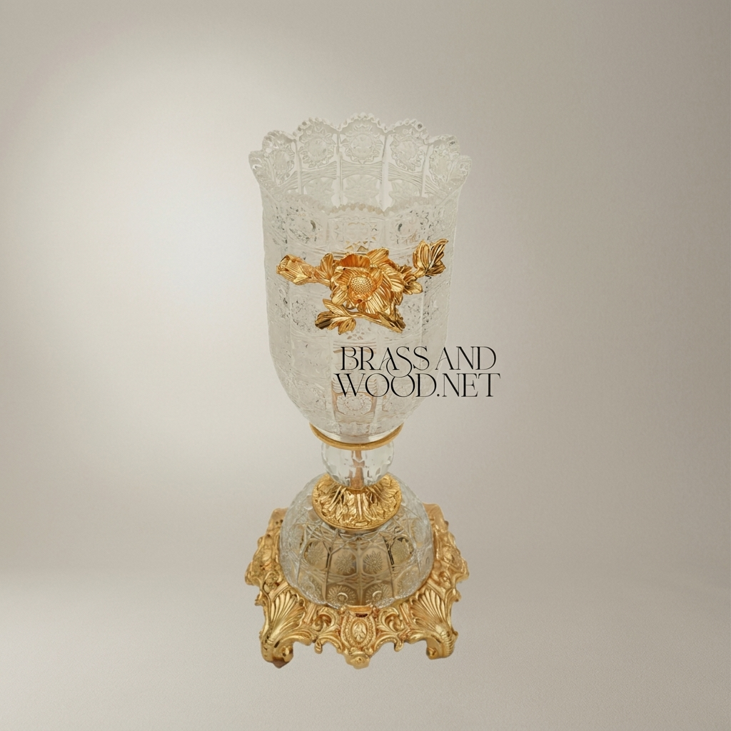 Rococo Crystal Chalice Vase with Brass Floral Appliqué on Ornate Pedestal Base