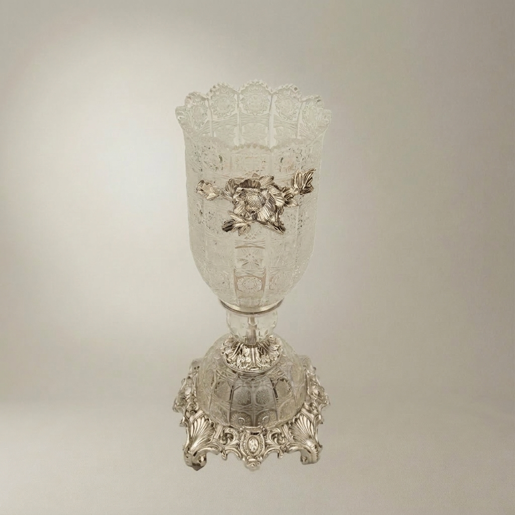 Rococo Crystal Chalice Vase with Brass Floral Appliqué on Ornate Pedestal Base — Silver