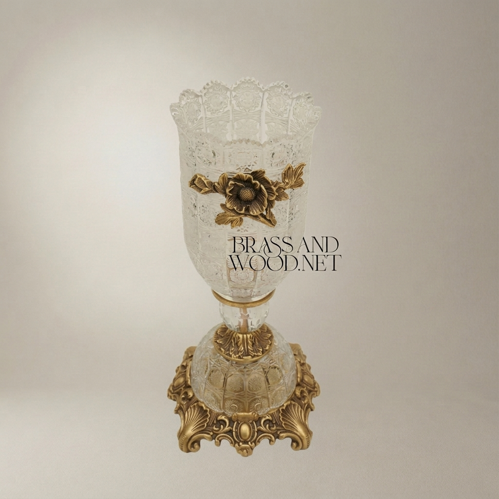 Rococo Crystal Chalice Vase with Brass Floral Appliqué on Ornate Pedestal Base — Antique Gold