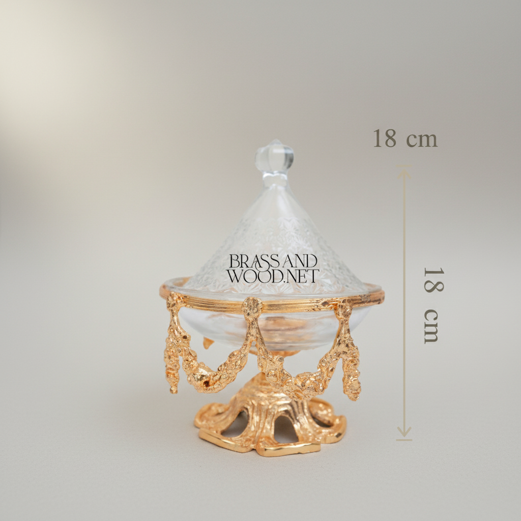 Rococo Crystal Glass Bonbonniere with Ornate Brass Swag Stand & Conical Lid