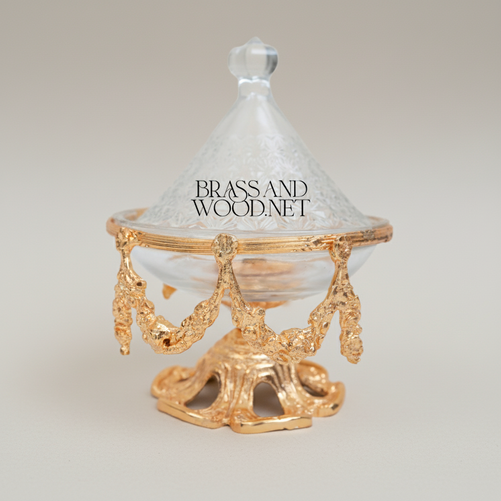 Rococo Crystal Glass Bonbonniere with Ornate Brass Swag Stand & Conical Lid